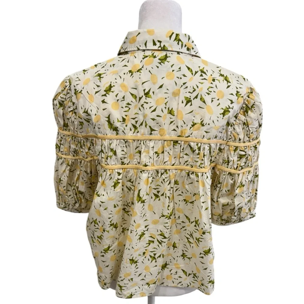 Maeve Anthropologie Shirred Leandra Daisy Floral Women's Top - White and Yellow - Picture 4 of 9